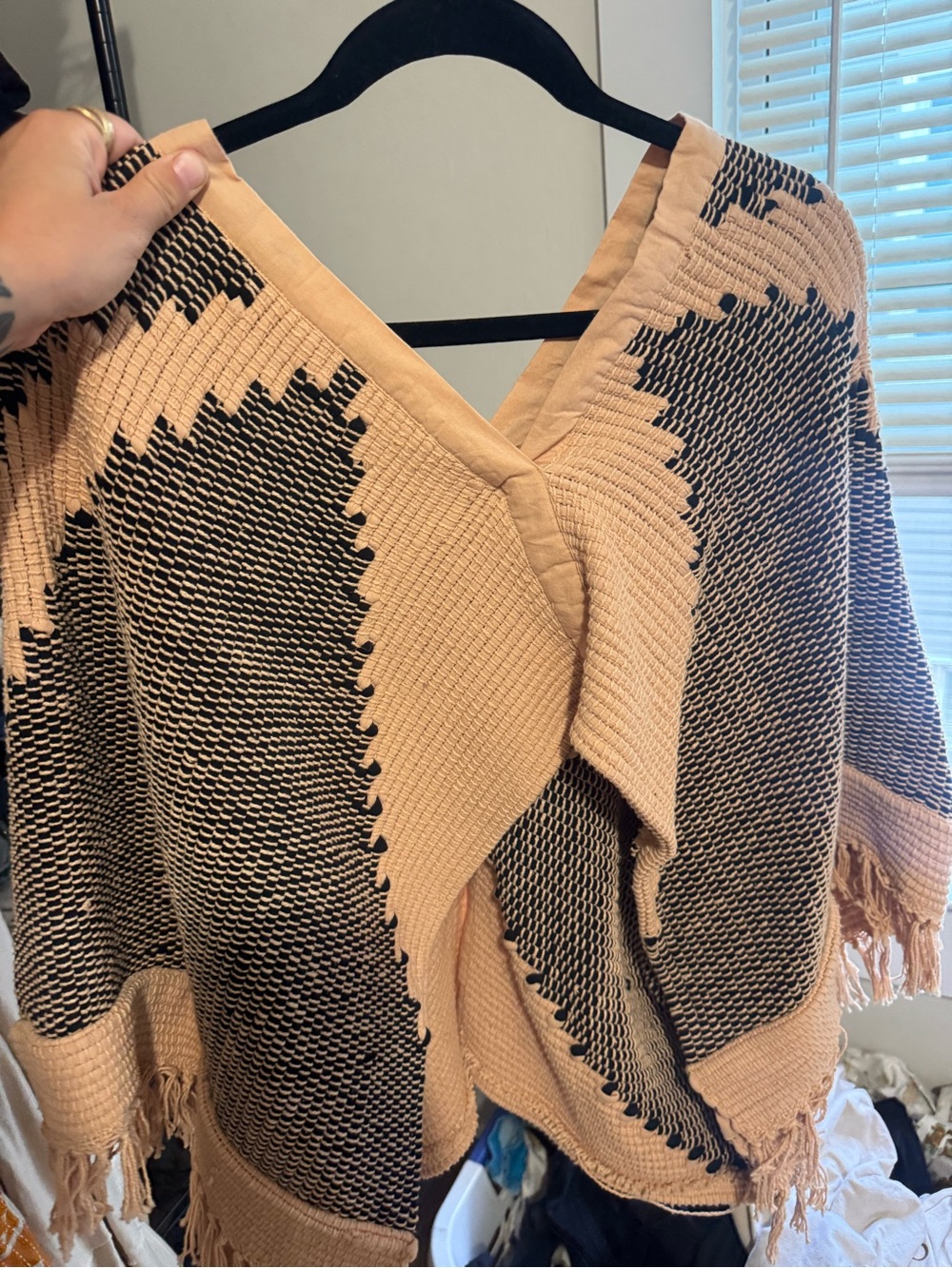 Free People Beige and Black Fringed Knit Poncho